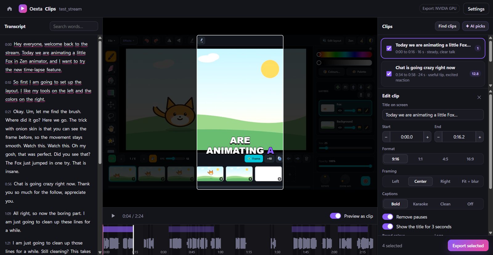 Editing a clip with a live 9:16 preview and caption styles