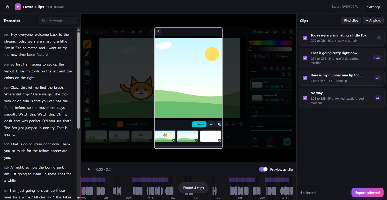 Clips found in a stream recording, with the transcript and timeline